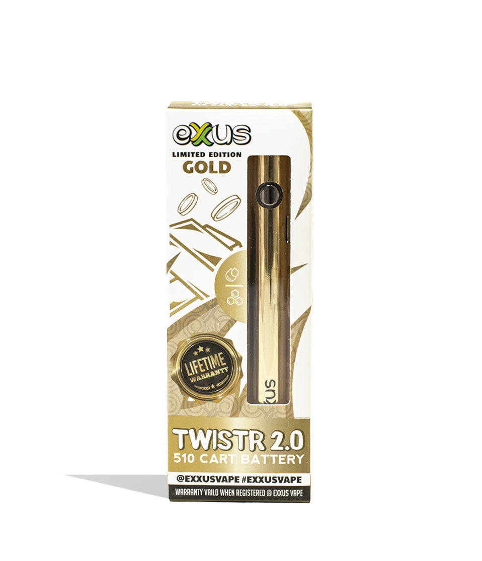 Gold Exxus Vape Twistr 2.0 Cartridge Vaporizer Packaging Front View on White Background